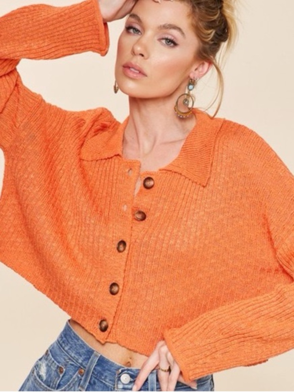 Cropped Orange Button-Front Knit Cardigan Sweater